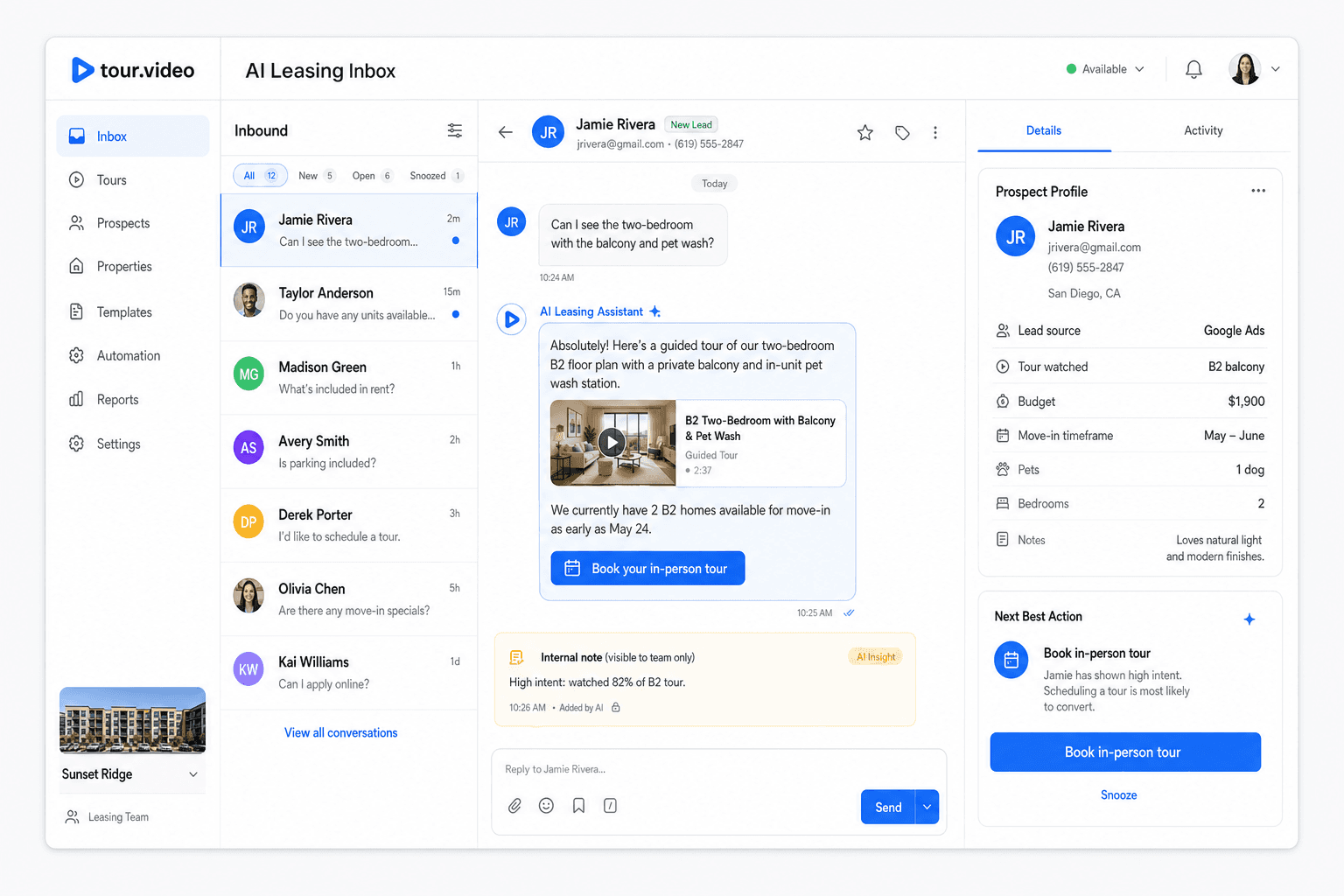 Tour.video AI leasing inbox UI generated with gpt-image-2